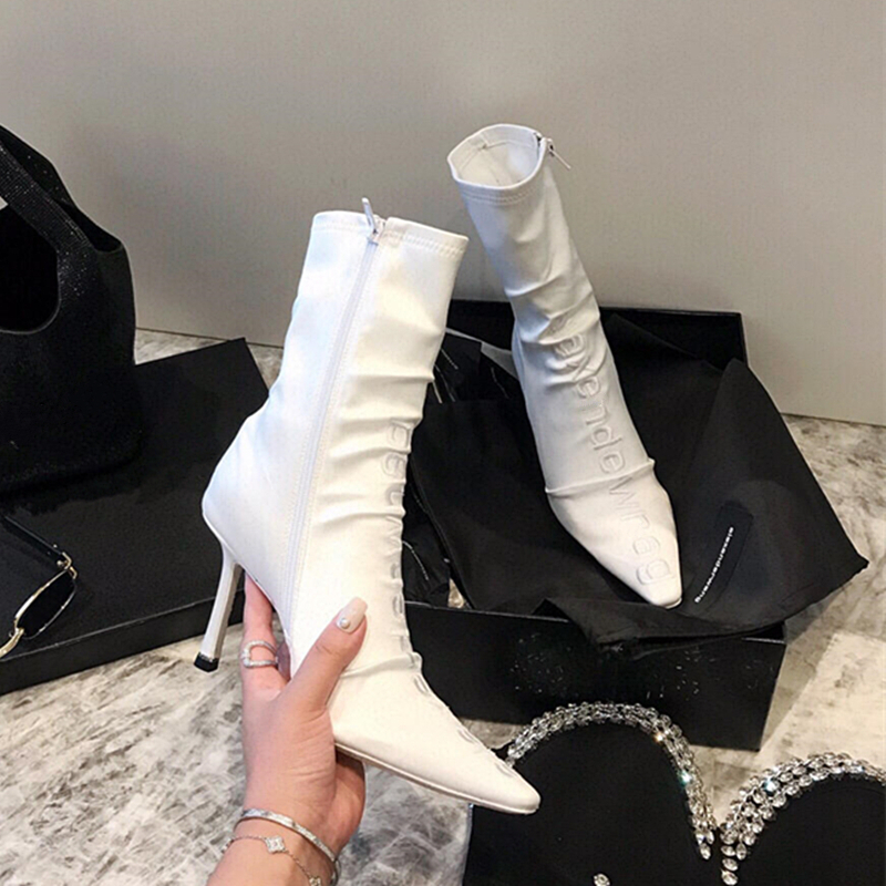 Europe and the United States 2022 new king letter embroidery socks boots women's stiletto mid-tube square toe high-heeled short boots women's spring and autumn single boots