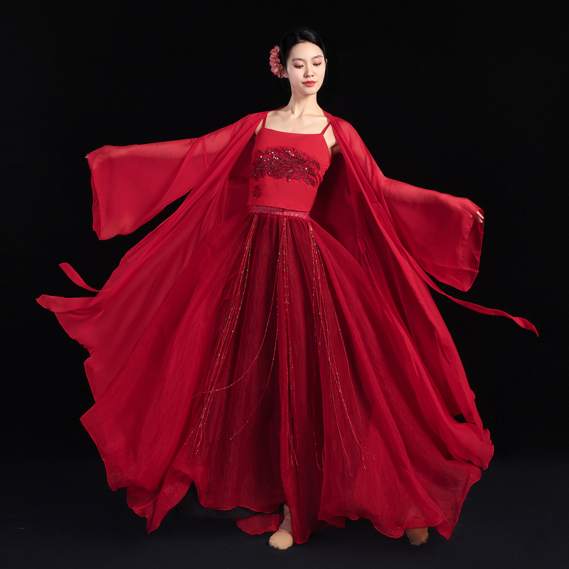Classical Dance Costume for Women, Red Long Flowing Gauze Dress, Performance Practice Outfit, Chinese Style Elegant Large Skirt Performance Costume Classical Dance Costume for Women, Red Long Flowing Gauze Dress, Performance Practice Outfit, Chinese Style Elegant Large Skirt Performance Costume