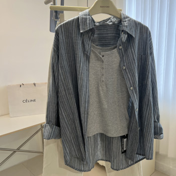 Retro contrast color vertical stripe long sleeve shirt women's loose and slim 2023 new autumn sun protection shirt thin jacket for age reduction