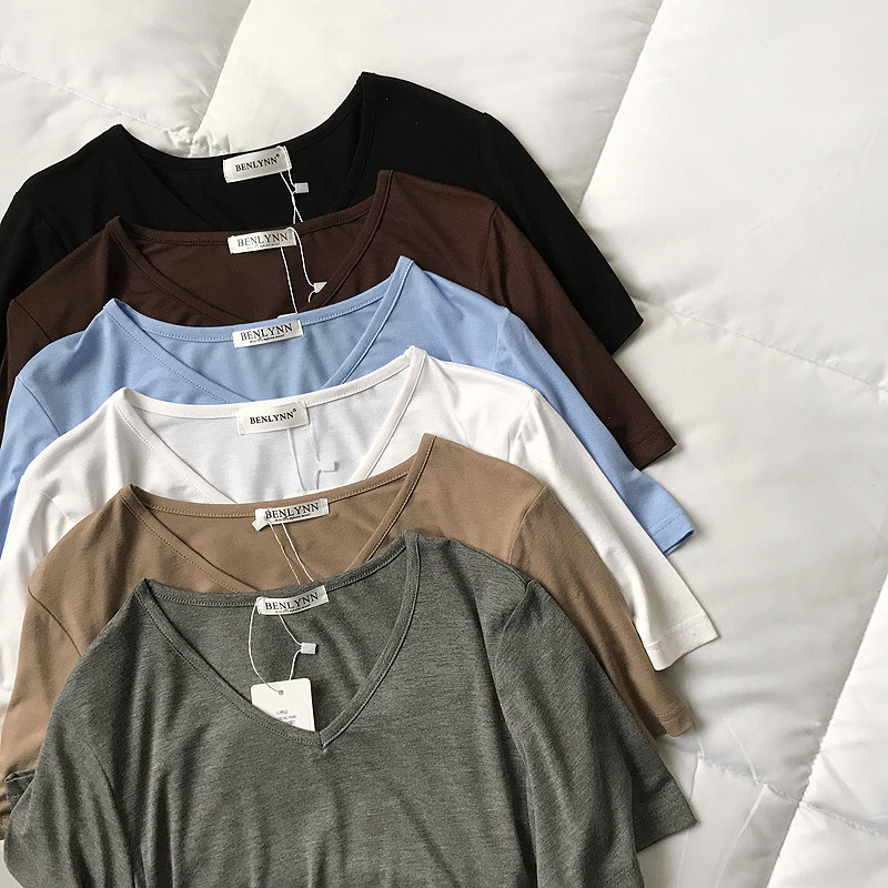 Anti-Pilling Modal V-neck short-sleeved T-shirt women loose thin hanging base shirt thin top solid color summer tide