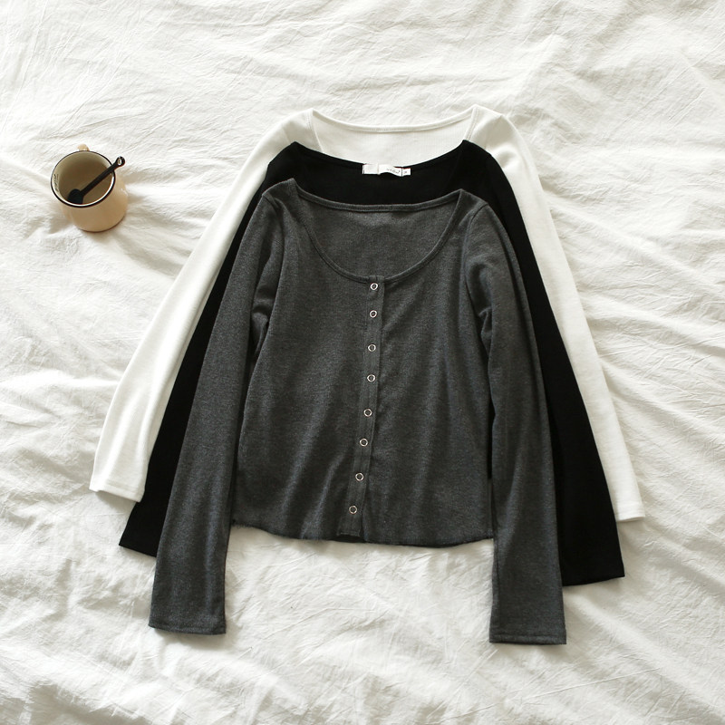 Retro High Street Wind Europe and America 100 lap elastic thread cotton Skinder slim short and round neck Long sleeves T-shirt Undershirt Woman