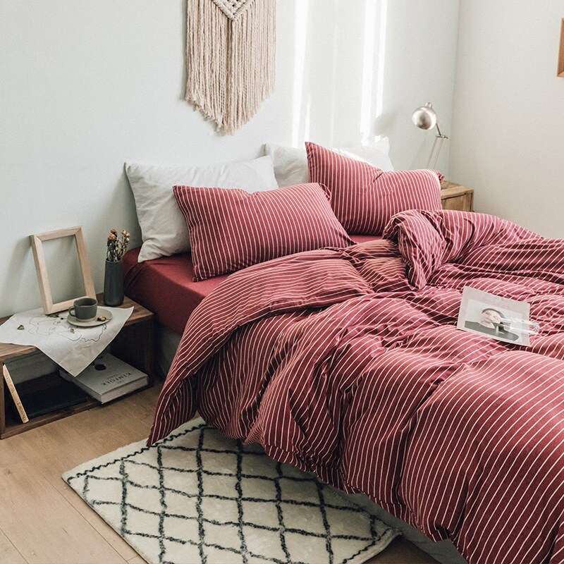 Geranium cotton four pieces of knitted cotton Three sets of naked sleeping striped bed Cotton Pure Cotton Quilt Cover Bed bedding