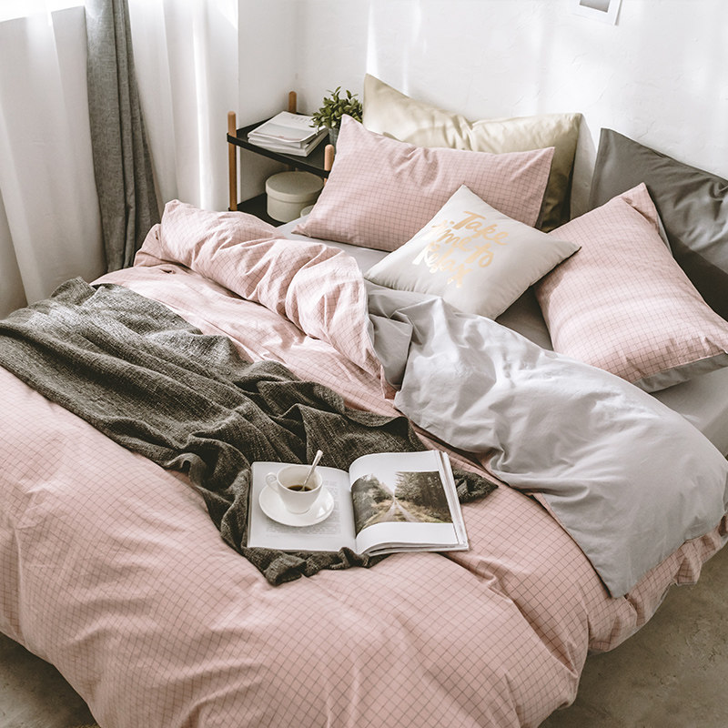 Nordic washed cotton cotton four-piece simple bed sheet quilt cover three-piece student dormitory bedding