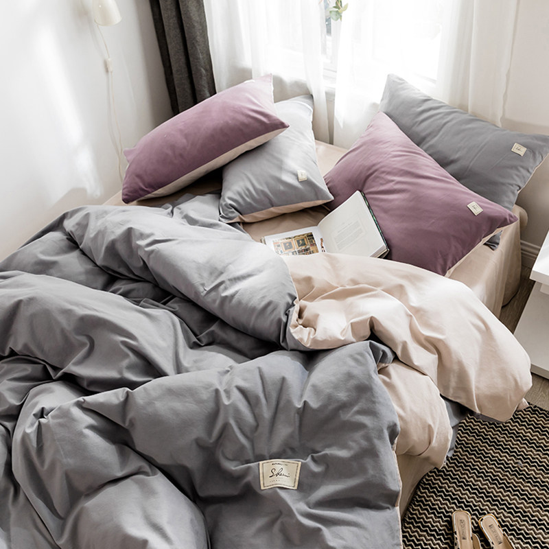 Nordic minimalist pure cotton mill wool pure color double spelling full cotton autumn winter quilt cover 4 pieces bed set 1 5 1 8 m bed