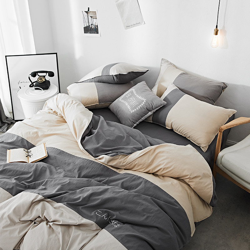ins embroidery full cotton washed cotton four pieces nude sleep splicing double pure cotton double parquet bed sheet bedding