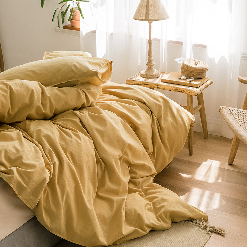 Nordic wind all-cotton four sets washed cotton quilts by cover sheet pure color double 1 5 1 8 bed sheet Bed pure cotton