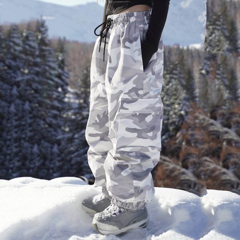 Snowbit 3L Single-Layer Large Size Loose Camouflage Ski Pants for Women, Waterproof Taped Over-Size Ski Pants for Men
