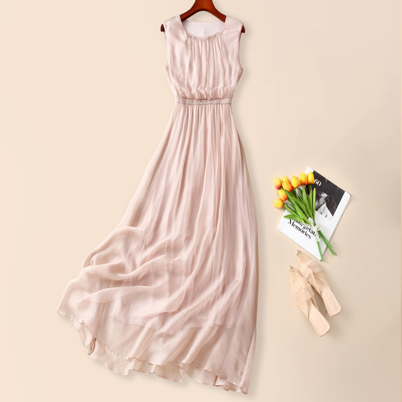 2026 Summer Young Style Mulberry Silk Dress Sleeveless Sheer Waist-Cinching Silk Vacation Tank Dress Long Flowy Dress 2026 Summer Young Style Mulberry Silk Dress Sleeveless Sheer Waist-Cinching Silk Vacation Tank Dress Long Flowy Dress