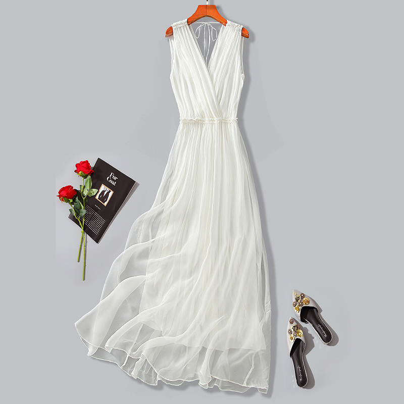 Young Style Silk Dress, High-End 2026 Summer Slimming Sleeveless Tank Dress, White Long Dress for Seaside Vacation Young Style Silk Dress, High-End 2026 Summer Slimming Sleeveless Tank Dress, White Long Dress for Seaside Vacation