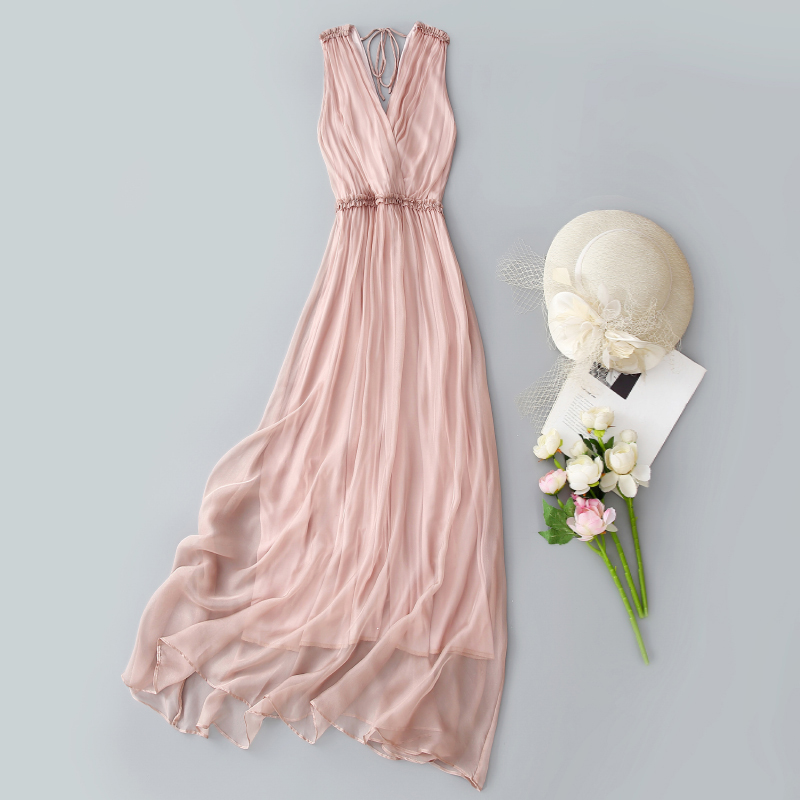 Summer Silk Mulberry Silk Sexy Backless Suspender Dress Seaside Resort Style Sleeveless Tank Top Long Dress Beach Dress