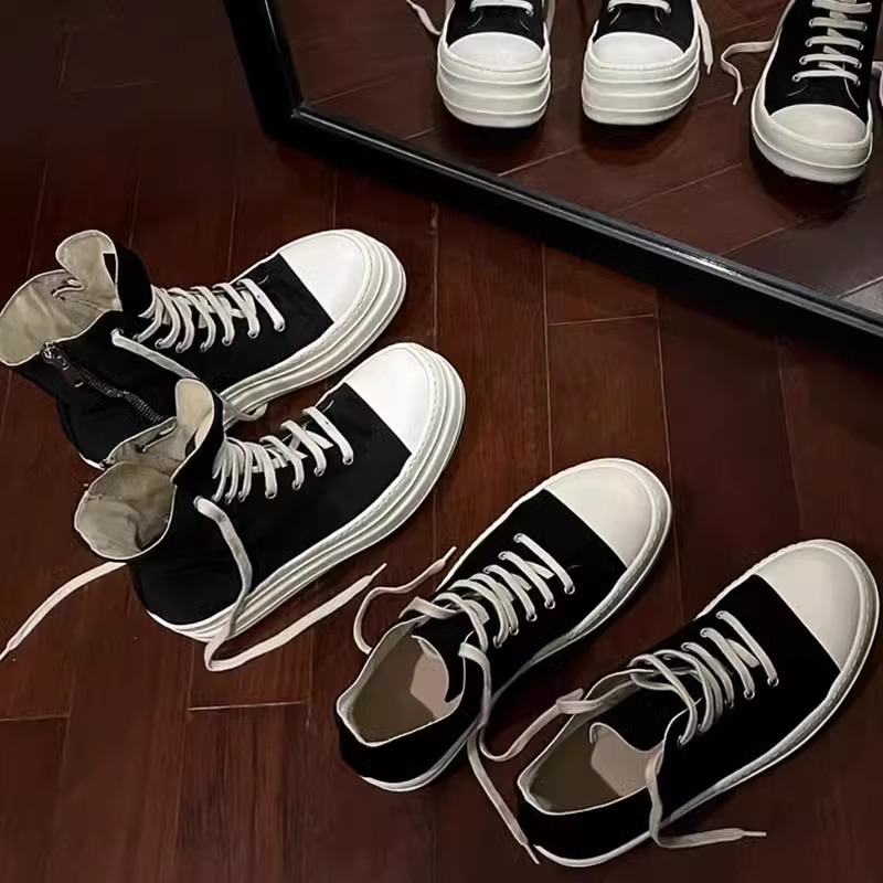 High-Top Black Canvas Shoes for Men, Pleated Thick-Soled Spring/Summer Casual Couple's Trendy Height-Increasing Short Boots for Women