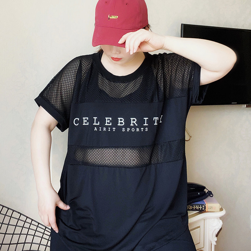 Large size yoga clothes 200 catties fat MM fitness two-piece summer quick-drying short-sleeved cropped pants loose sports suit