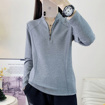 Outdoor fleece womens polar fleece long-sleeved T-shirt base layer thickened cold-proof warm breathable pullover stand-up collar top