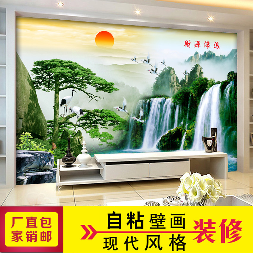 Flow aquatic pool lounge decorated TV background wallpaper sofa Chinese landscape landscape painting self-pasted wallpaper