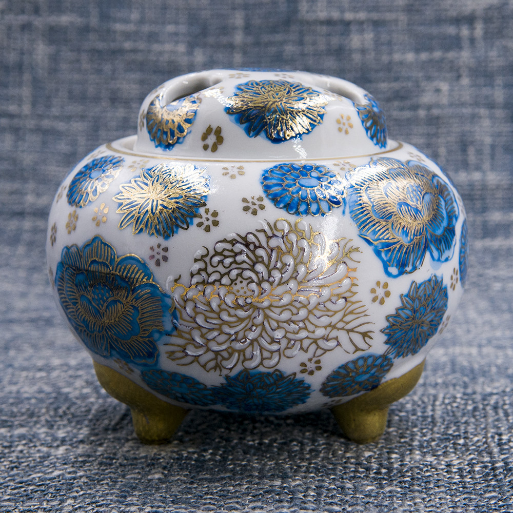 日本香堂九谷烧香炉青花诘香炉菊花和牡丹香薰室内香熏盘香陶瓷