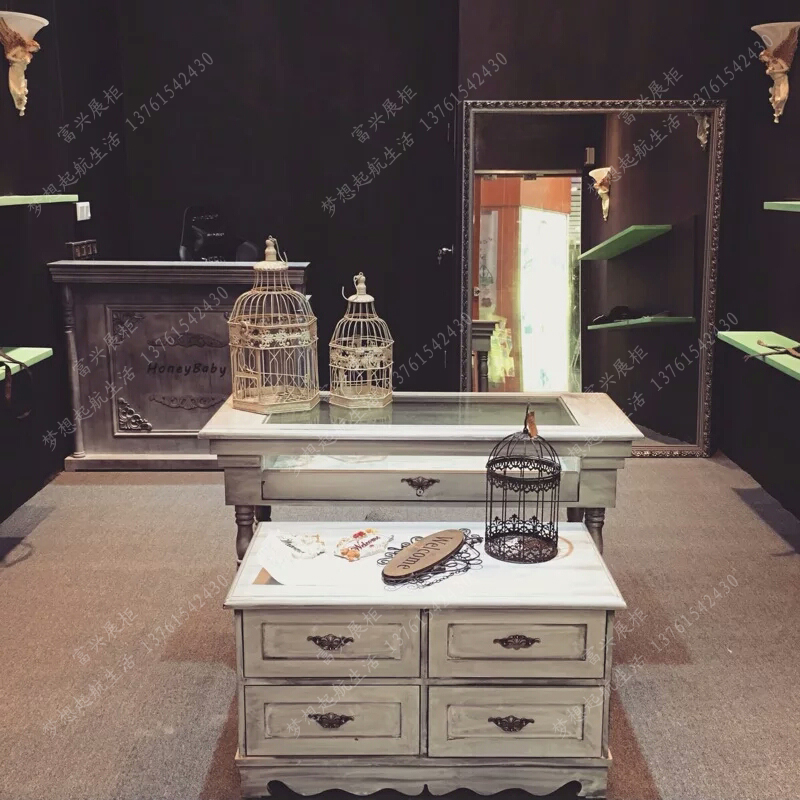 Retro Wooden Baking Varnish Running Water Table High And Low Booth Display Table Clothing Store Running Water Table Ornaments Cabinet Middle Island Cabinet