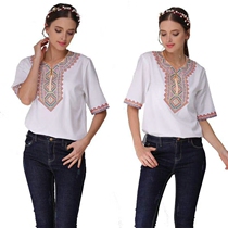 Xinjiang restaurant ethnic costumes short sleeve T-shirt men and women overalls embroidered shirt cotton shirt shirt
