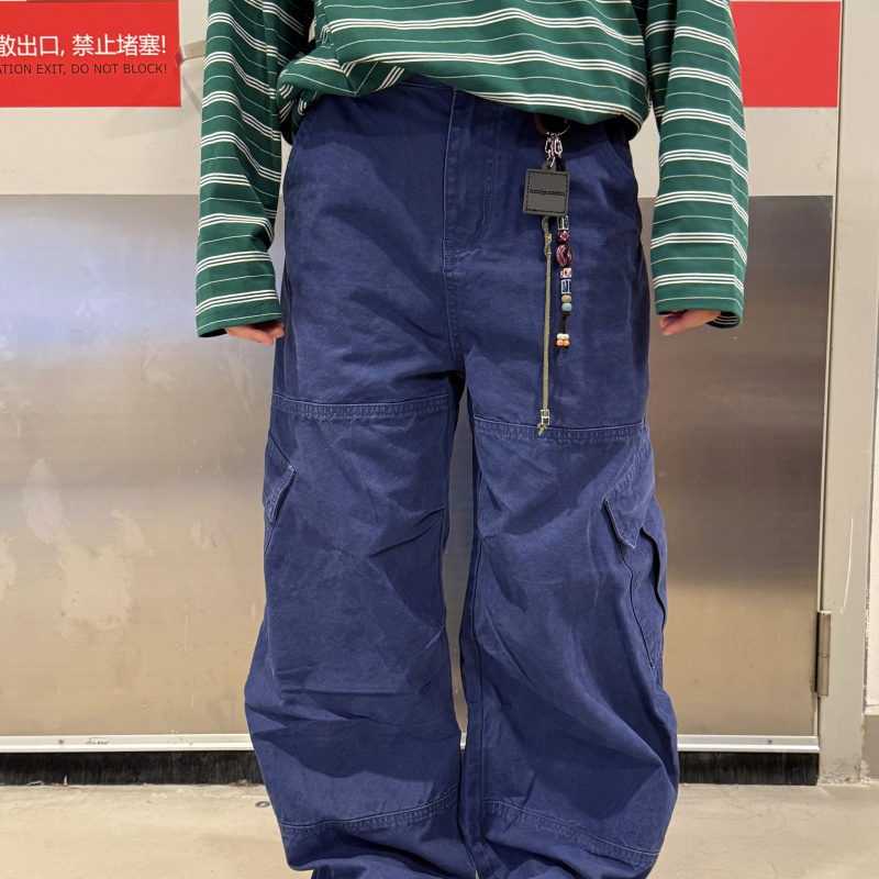Soga Alien American Retro Vintage Work Pants Blue Washed Workwear Scimitar Distressed Casual Trousers