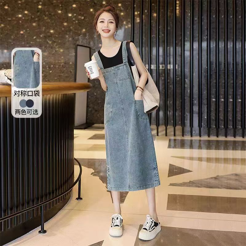 Strap Dress for Women 2025 Summer New Style Multi-Pocket Slit Retro Petite Loose Mid-Length Denim Dress