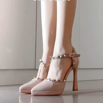 Nude-Colored Ultra-High Heels for Women That Are Comfortable on the Feet, Versatile for Everyday Wear, Stylish with Chunky Heels, Waterproof Platform, Studded, Fashionable Closed-Toe Sandals for Women