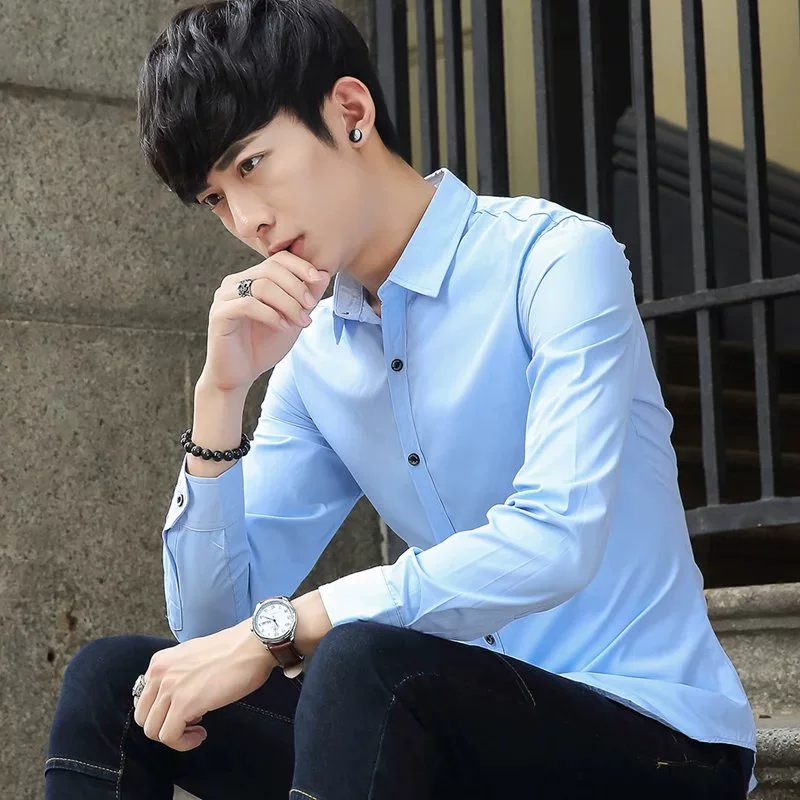 Mùa xuân nam áo trắng tuổi teen Slim Fit miễn phí kinh doanh chuyên nghiệp Đầm liền thân màu dài tay áo trẻ trung áo sơ mi unisex