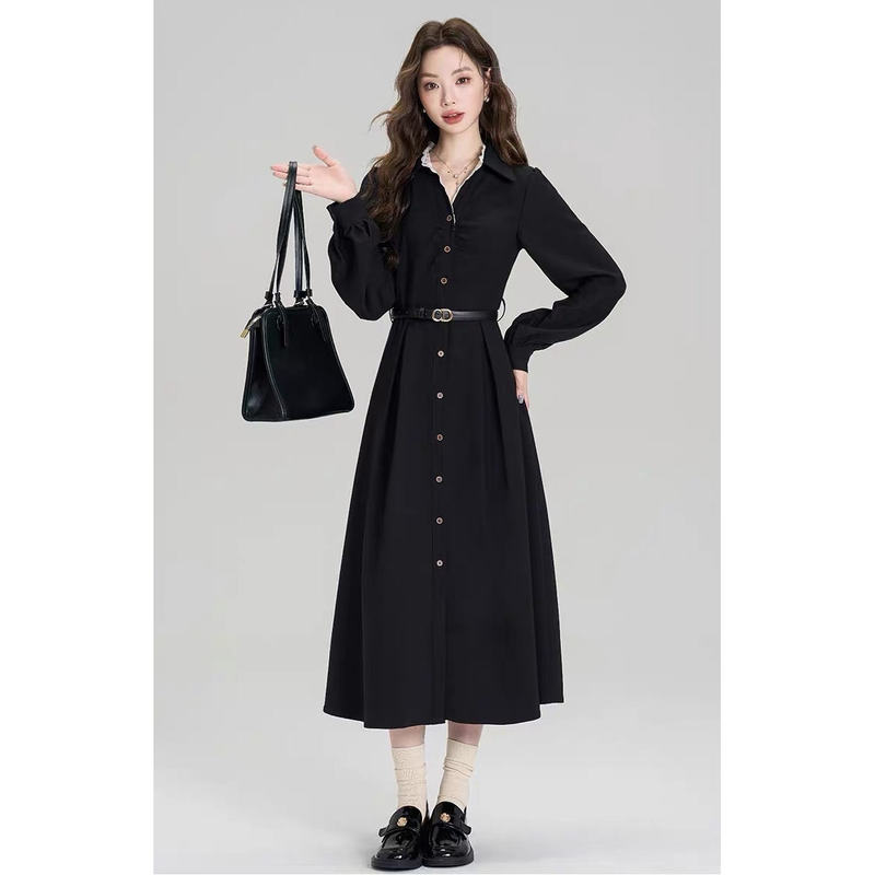 Cheese Deer French Hepburn-Style Black Polo Dress for Women, Autumn High-End Feel, Suitable for Teaching Qualification Interview, Waist-Cinching Shirt Dress