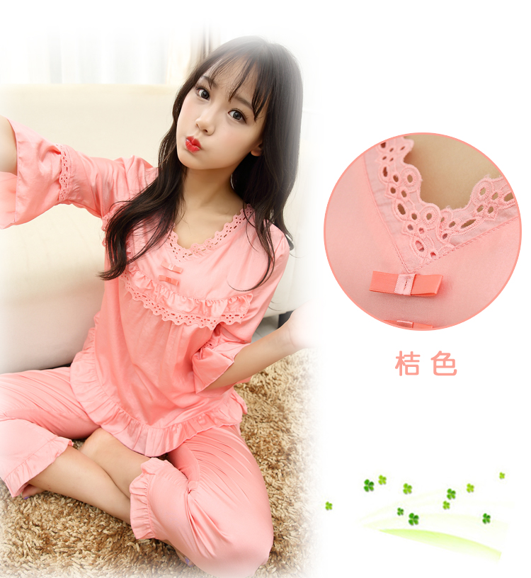 Pyjamas của Phụ Nữ Mùa Hè Đặt Cotton Lụa Tencel Cotton Giản Dị Màu Rắn Kích Thước Lớn Ladies Thoải Mái Ren Nhà Dịch Vụ Tay Áo Quần bộ mặc nhà thu đông