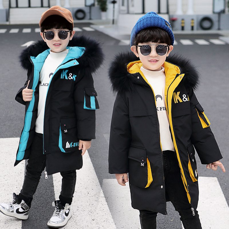 3-15-year-old male child handsome KK collared cotton coat 2022 winter dress new CUHK boy warm fur collar cotton padded jacket