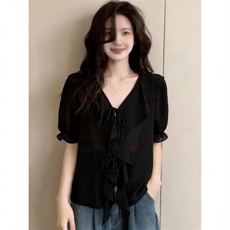 High-End Elegant Ruffled Lace-Up Shirt for Women, Summer Plus-Size Fashion Loose Fit Top That Hides the Figure and Makes You Look Slimmer