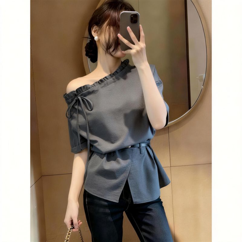 Irregular Ruffled Off-Shoulder Tie-Waist Top for Women, Summer Plus Size, Unique and Chic Shirt for Chubby Girls