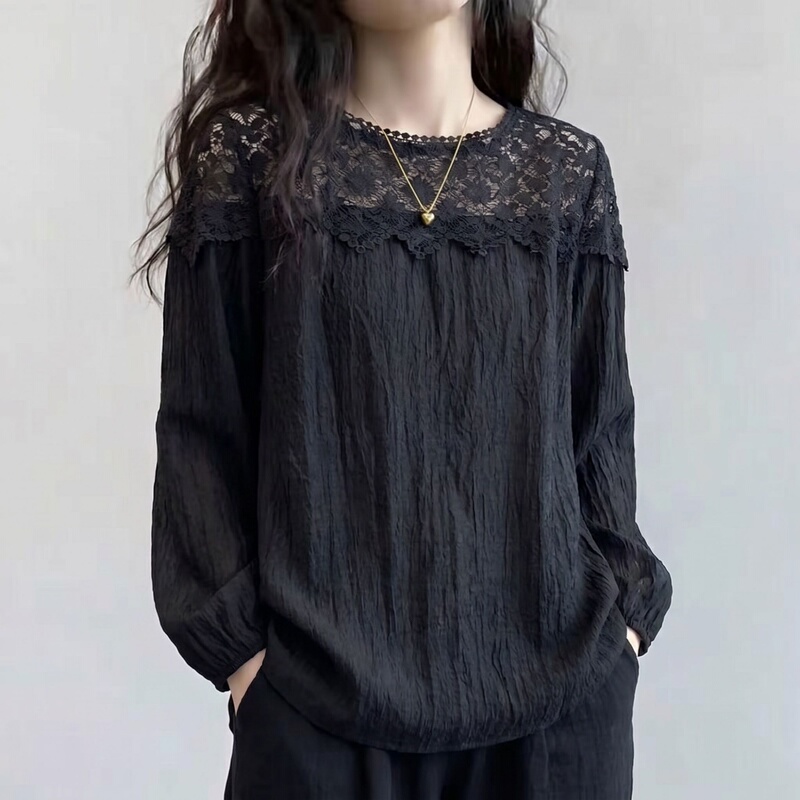 Healing-Style Black Lace Round Neck Puff Long Sleeve Pleated Loose Top for Women, Summer Plus Size, Versatile Top for Chubby Girls Healing-Style Black Lace Round Neck Puff Long Sleeve Pleated Loose Top for Women, Summer Plus Size, Versatile Top for Chubby Girls