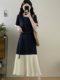 French Retro Contrasting Color Ruffled Patchwork Skirt for Women in Summer Plus Size Fat Girl Fashionable Slimming Denim Dress