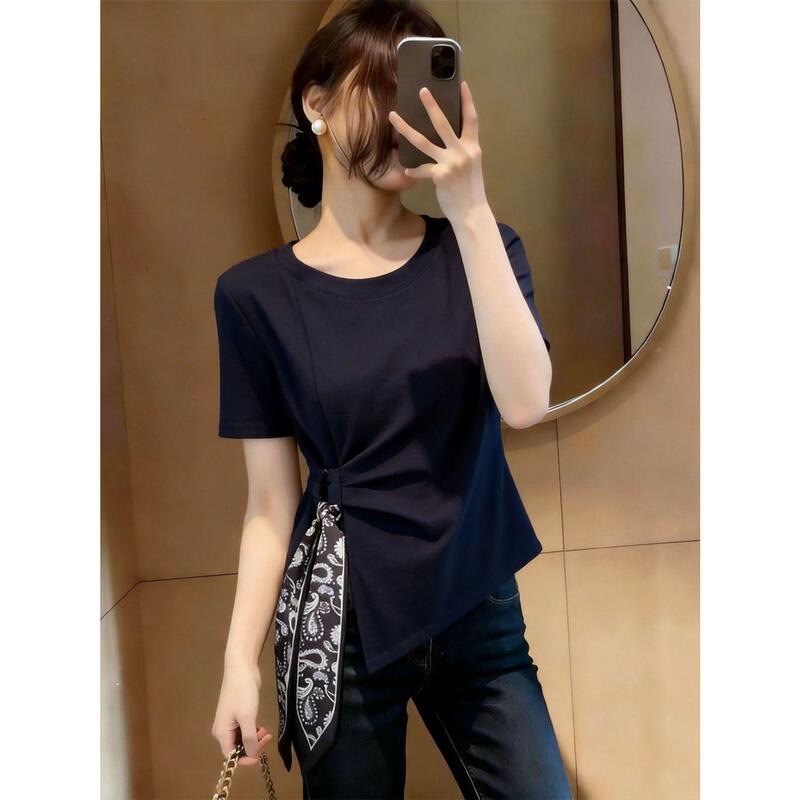 Unique Designer Silk Scarf Tie Waist Top for Women, Summer Plus Size, Stylish and Versatile T-Shirt for Curvy Girls