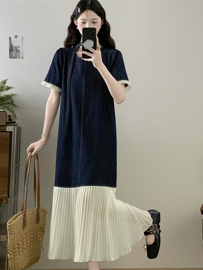 French Retro Contrasting Color Ruffled Patchwork Skirt for Women in Summer Plus Size Fat Girl Fashionable Slimming Denim Dress