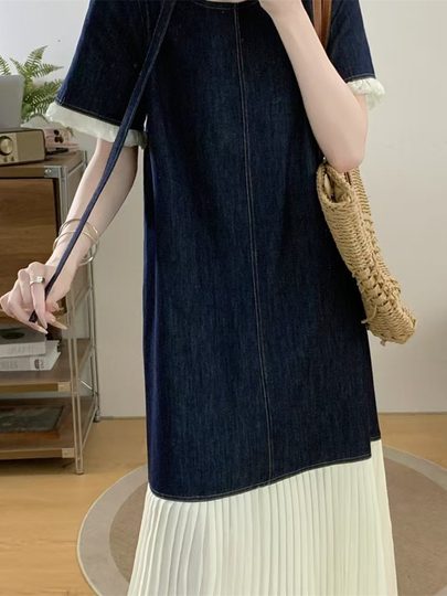 French Retro Contrasting Color Ruffled Patchwork Skirt for Women in Summer Plus Size Fat Girl Fashionable Slimming Denim Dress