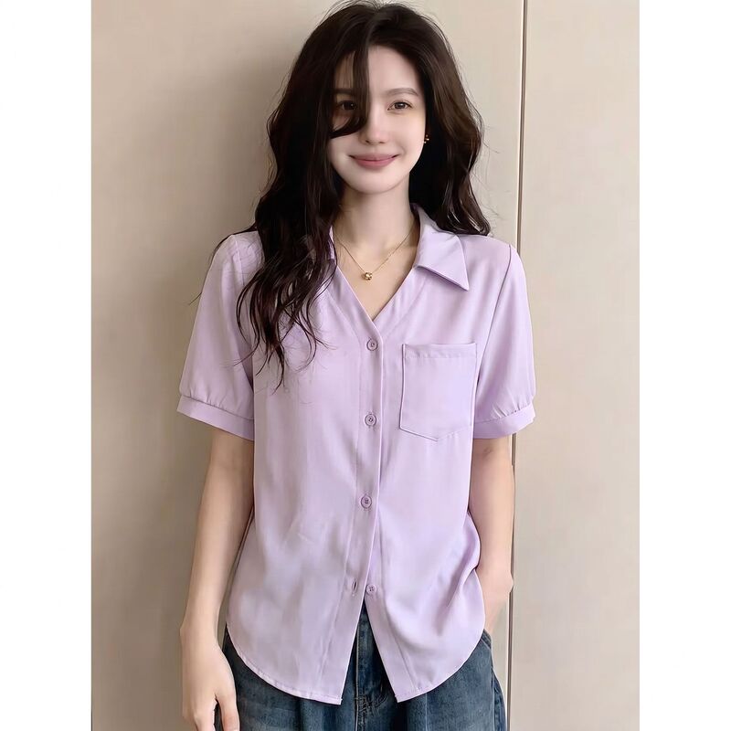 Simple and Stylish Purple Textured Lapel Pocket Short-Sleeve Shirt for Summer, Plus Size, Flattering for Curvy Figures, Breathable Thin Shirt