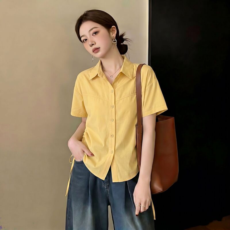 Creamy Yellow Textured Lapel Shirt with Double Drawstring Waist, Summer Plus-Size Shirt for Curvy Women, Flattering Arc-Shaped Hem