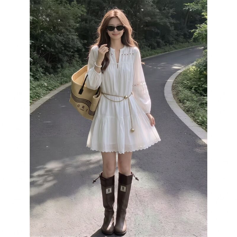 Fresh White Lace Embroidered Short Dress Plus Size for Chubby Women with Lantern Sleeves, Hollow Neckline, Loose Fit, Slimming and Body-Covering Dress Fresh White Lace Embroidered Short Dress Plus Size for Chubby Women with Lantern Sleeves, Hollow Neckline, Loose Fit, Slimming and Body-Covering Dress