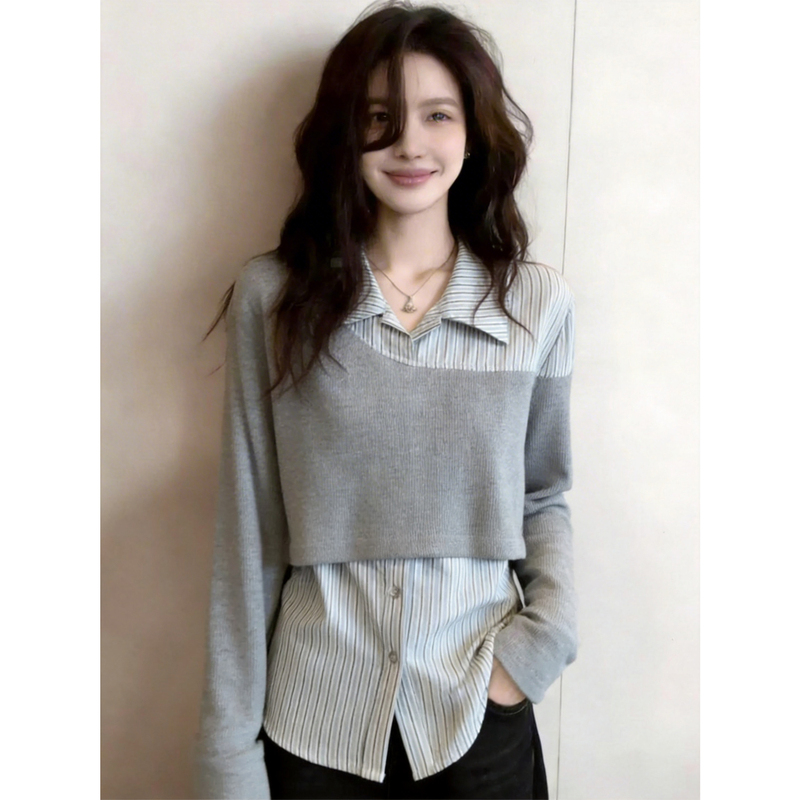 Korean Style Irregular Color-Block Striped Faux Two-Piece Shirt for Women, Spring Plus Size, Lazy Casual Elegant Top for Chubby Girls Korean Style Irregular Color-Block Striped Faux Two-Piece Shirt for Women, Spring Plus Size, Lazy Casual Elegant Top for Chubby Girls