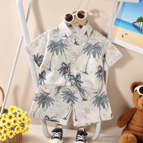 boys summer hong kong style printed short sleeve shirt and shorts two piece set