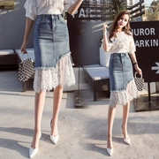 Váy denim trong đoạn dài thời trang xuân hè mới trọn gói hip ren khâu váy không đuôi cá nửa váy dài mùa thu - Váy