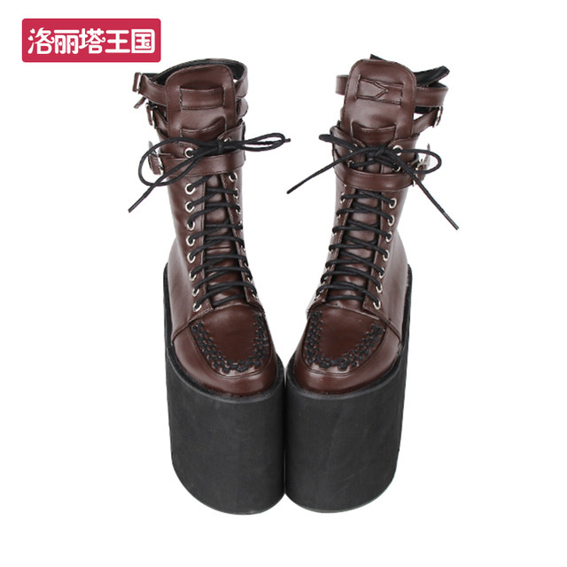 New punk PUNK boots pointed toe super high heel lace up zipper thick sole sponge cake Lolita mid-calf boots 8373