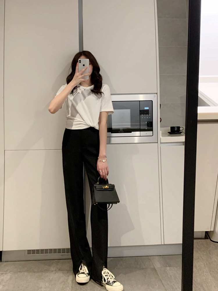Suit pants women's spring and summer black split loose wide leg pants Button straight high waist hanging split mopping pants