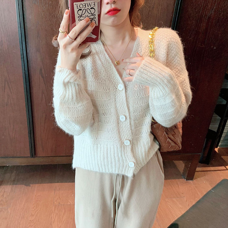 grid studio gentle beige sweater women's knitted small cardigan thin section loose outerwear v-neck short coat