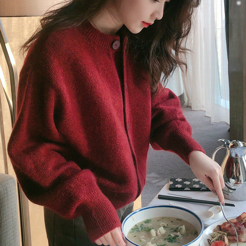 grid studio big cherry retro red sweater jacket woman loose outside wearing small subshort knit cardiovert