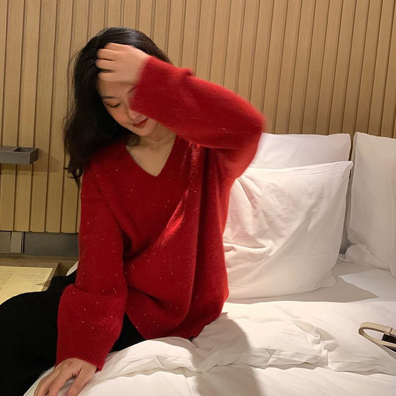 grid studio red sweater woman spring fall front short rear long open fork New Year sequin shiny V collar knit blouse