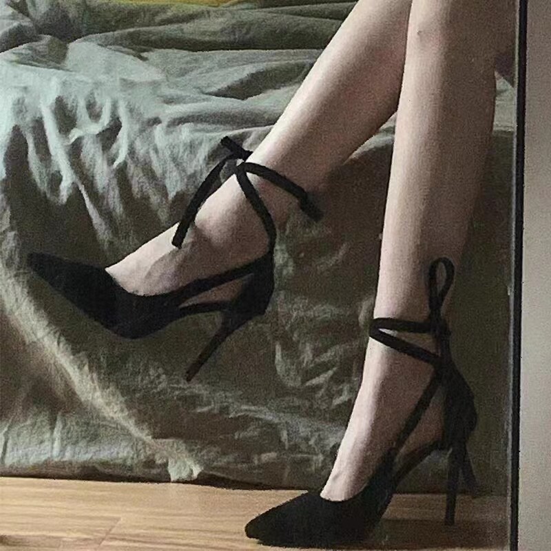 Women's Lace-up High Heels, 2025 Summer New Sexy Black Stiletto Heel Bed Sandals with Straps, Professional Single Shoes