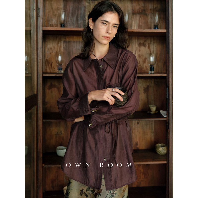 [in Stock] Ownroom Elegant Fig-Colored Comfortable Silk Fabric Loose-Fitting Lace-Up Shirt