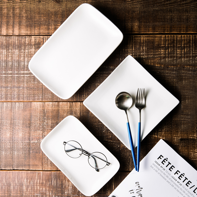 White Plate Ceramic Pure White Home Ceramic Cutlery Minima Photo Rectangular Square Dish Commercial Enteral Powder Square Pan