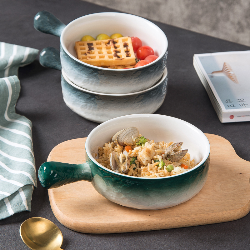 Japanese-style handle bowl ceramic baking household underglaze color oven special baking bowl baked rice bowl fruit breakfast salad bowl